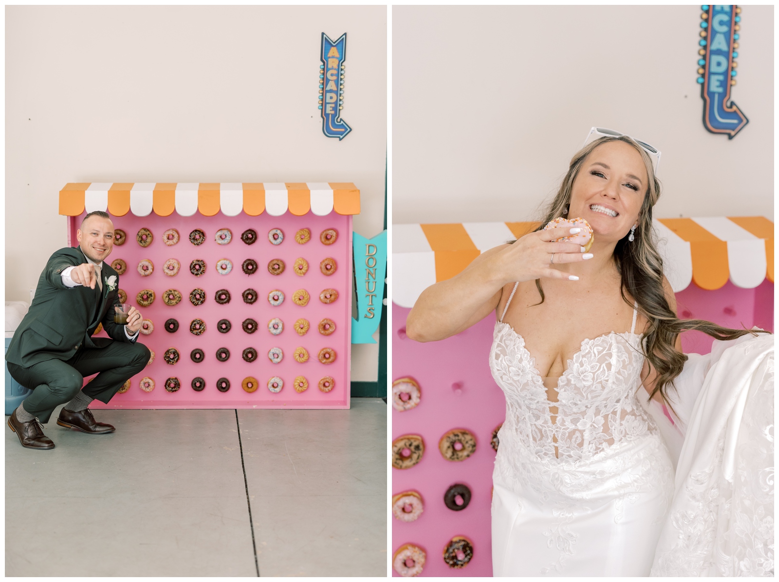 Just married couple eating donuts during their intimate wedding in Lake George.